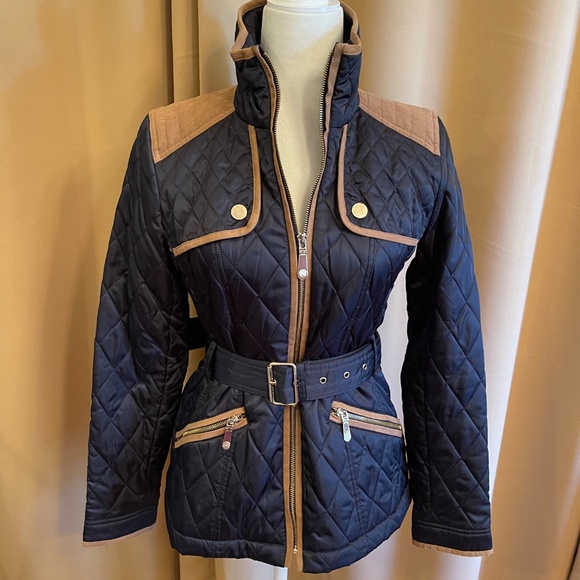 NEW! Vince Camuto Navy Blue and Tan Belted Jacket Size XS - Picture 8 of 15